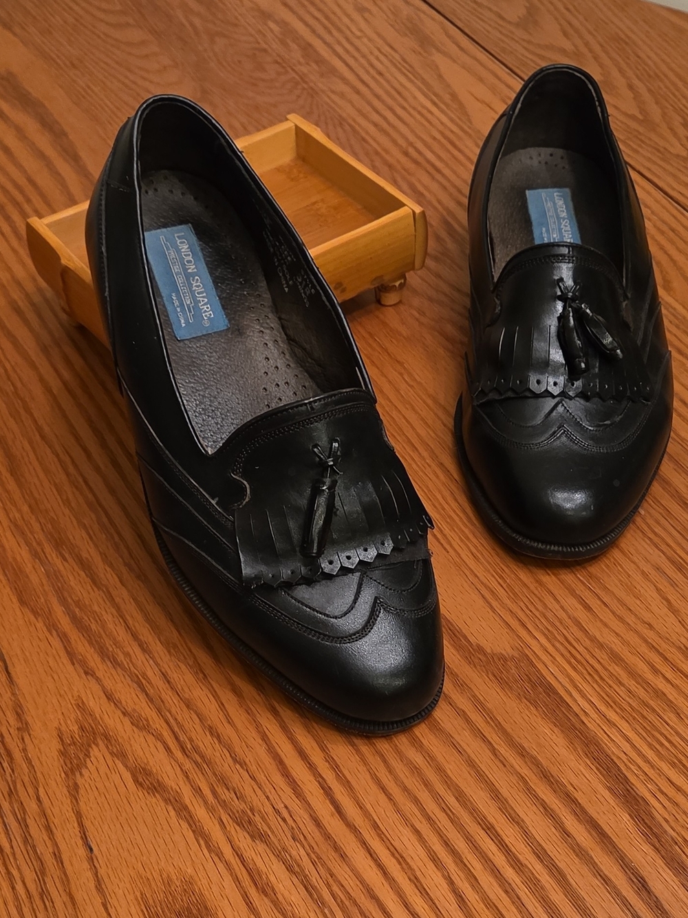 London Square Men's Black Leather Slip-On Tassel Dress Loafers Almond Toe W S9.5
